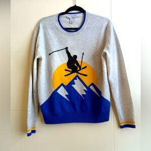 NWT Autumn Cashmere Crystal-embellished intarsia skier mountains cream sweater M